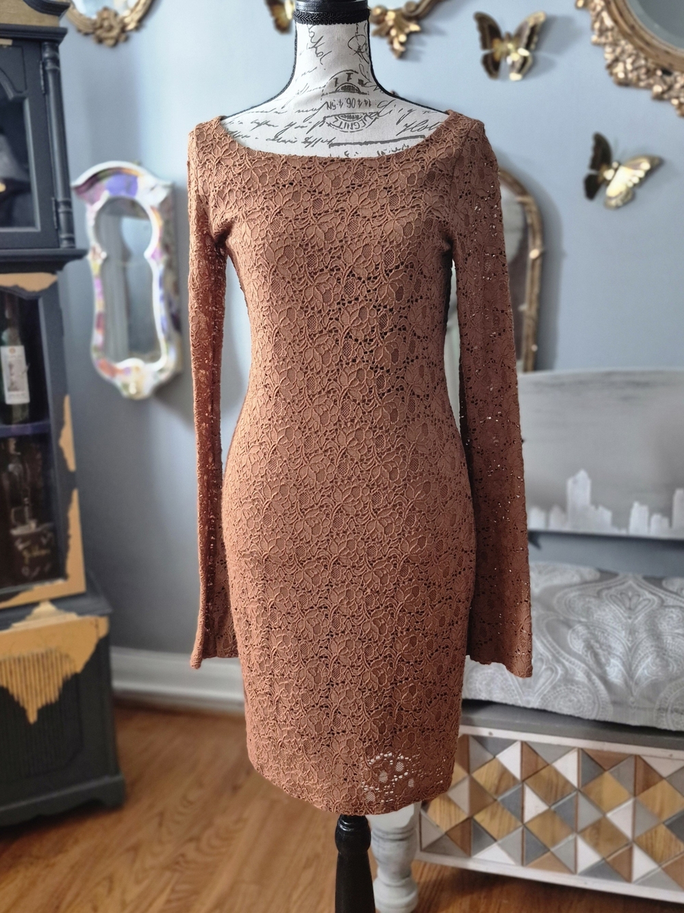 Moda International 70s Vibe Rust Lace Long-Sleeve Sheath Dress S/P